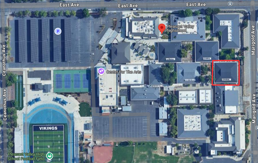 An aerial view of Pleasant Valley High School, with the affected buildings highlighted in a red box.